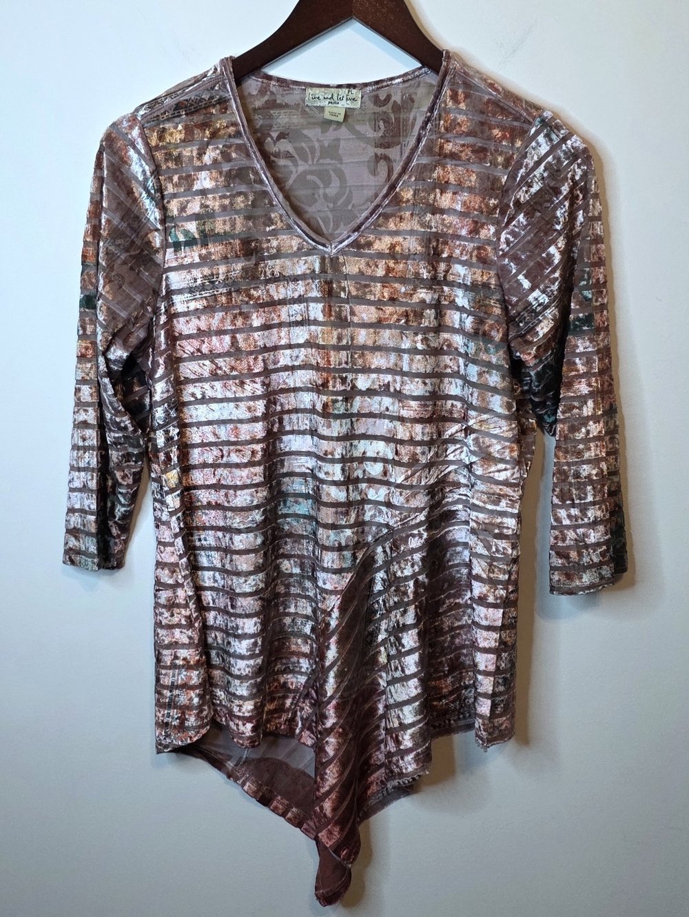 Live And Let Live Velvet Burnout Striped V-Neck Asymmetrical Top Petite Large